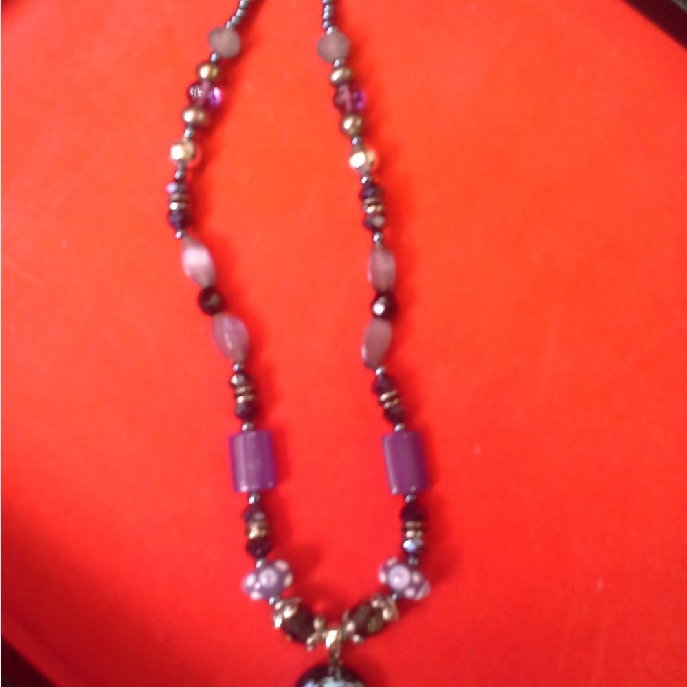 Purple Asymmetrical Beaded Necklace with Teardrop Pendant